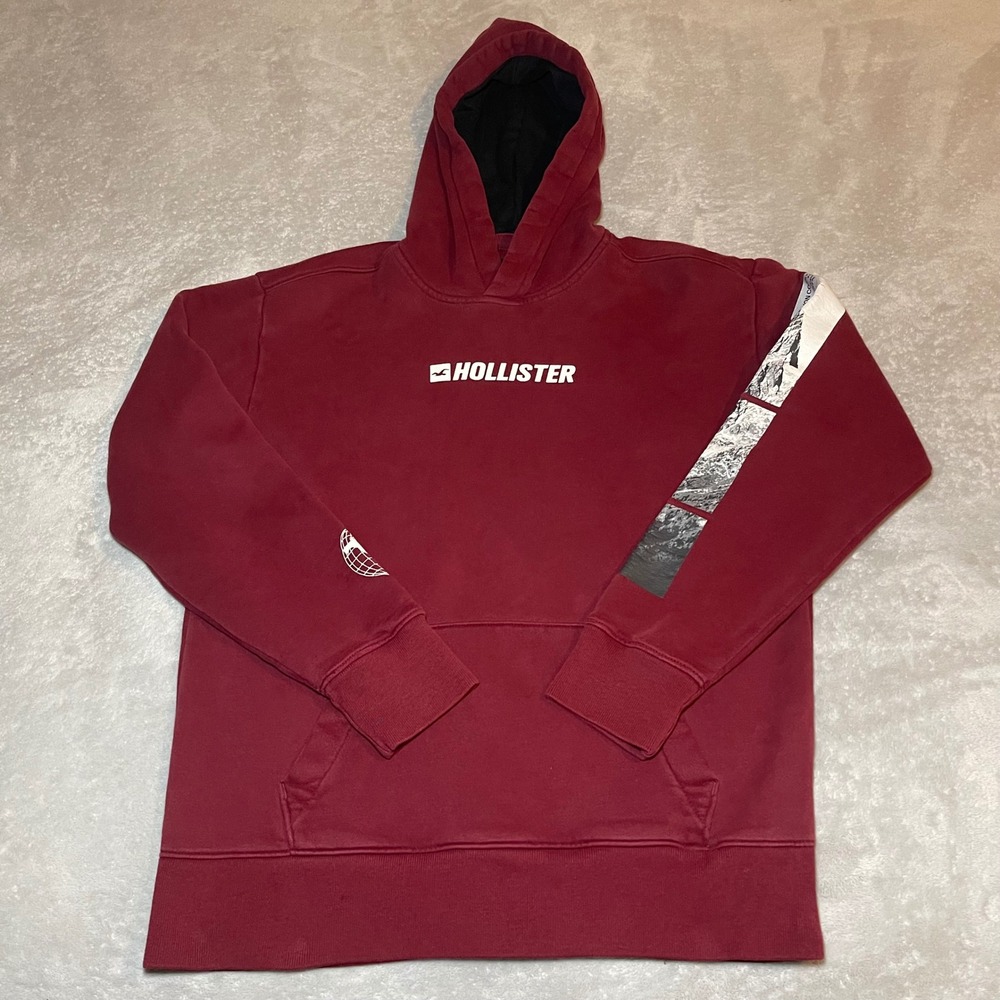 Hollister Hoodie Mens Medium Burgundy Graphic Sweatshirt Mountain Print Y2K